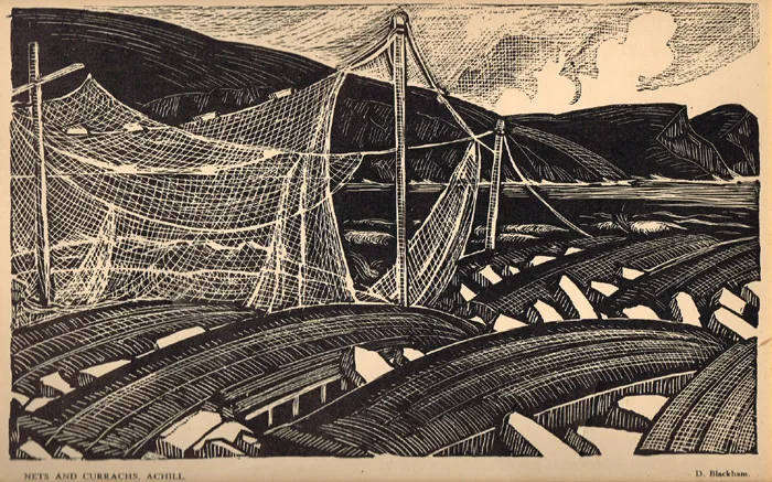 Dorothy Blackham, STORM ON KEEL STRAND, ACHILL; KEEL STRAND; CROAGHAN FROM SLIEVE MORE, ACHILL; NETS AND CURRACHS, ACHILL (SET OF 4), woodcut; (4)