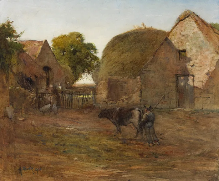 THE RICK-YARD by Harry Scully, 1908, watercolour, sold Mar 2015