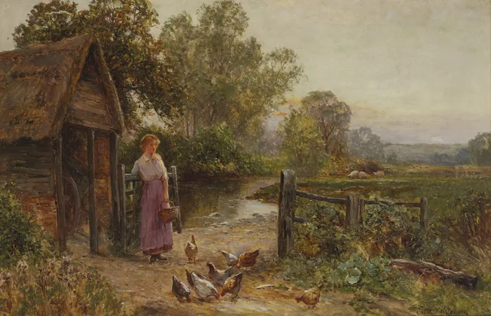 FEEDING THE CHICKENS by Ernest Walbourn, oil on canvas, offered Mar 2015