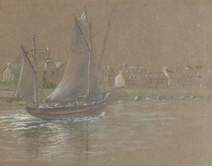 HARBOUR SCENE, BRITTANY by Samuel C. Taylor, chalk pastel on buff-coloured paper, offered Mar 2015