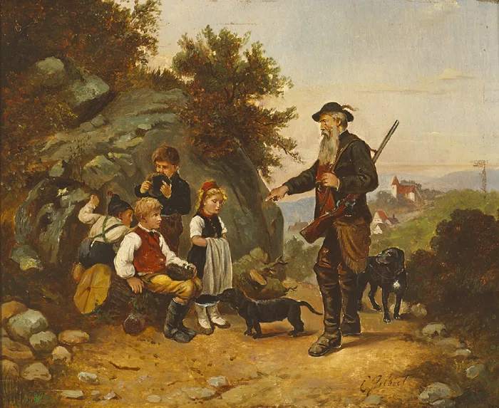 CHILDREN DISCOVERED BY A HUNTER WITH DOGS by E. Gilbert, oil on board, offered Mar 2015