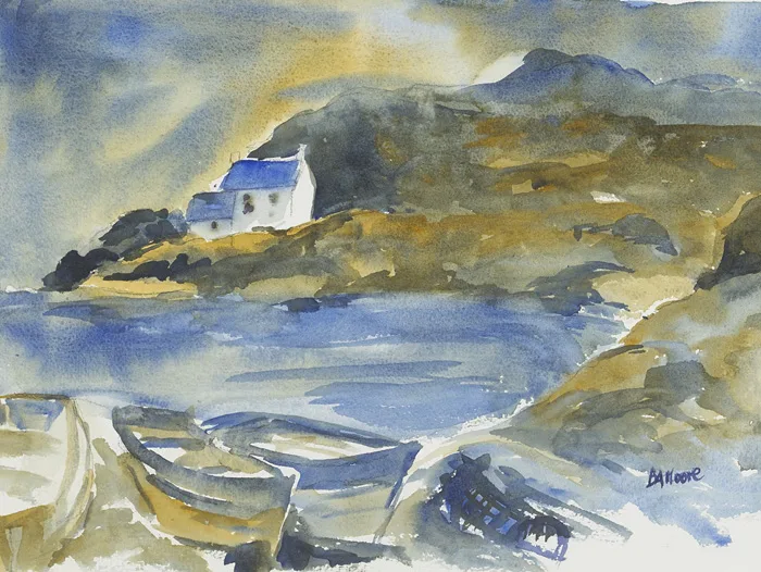 B.A. Moore, MOORED BOATS WITH COTTAGES IN THE DISTANCE, watercolour