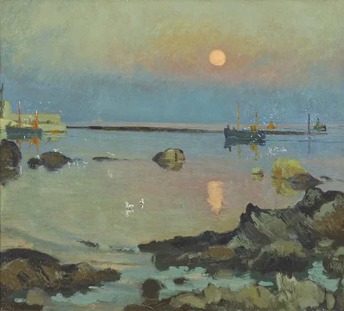 MOON OVER RUSH HARBOUR by Patrick Leonard, oil on canvas, offered May 2015