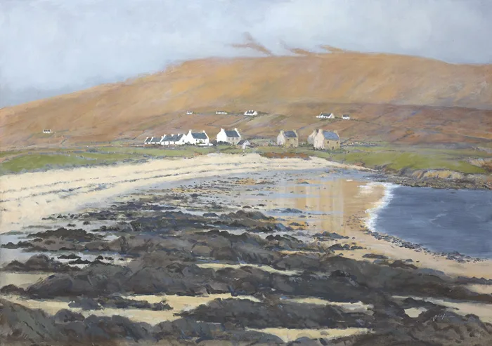 John Kirwan, COTTAGES BY A SHORE, oil on canvas