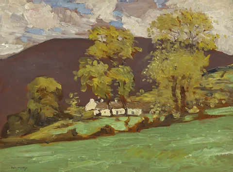 Paul Henry, COTTAGE IN A WOODED MOUNTAIN LANDSCAPE, c.1923-1924, oil on board