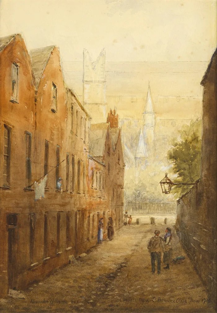 CHAPTER PLACE, ST PATRICK'S CLOSE by Alexander Williams, 1910, watercolour over pencil heightened with white, sold May 2015