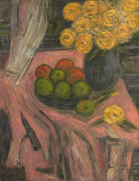 APPLES, ORANGES AND MARIGOLDS by Grace Henry, 1949, oil on canvas, sold May 2015