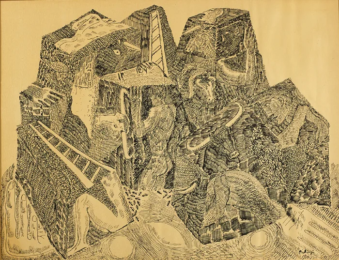 EVOLUTION CREATURE, 1949 and TWO FIGURES IN A LANDSCAPE WITH ROMAN COLUMNS (A PAIR) by Basil Rakoczi, pen and ink; (1); ink with watercolour; (1), sold May 2015
