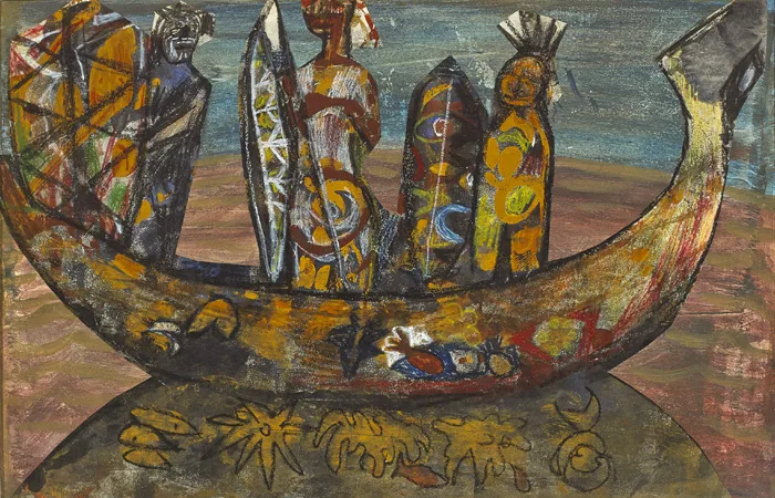 DECORATED CANOE by Gerard Dillon, gouache, pastel and collage, sold May 2015