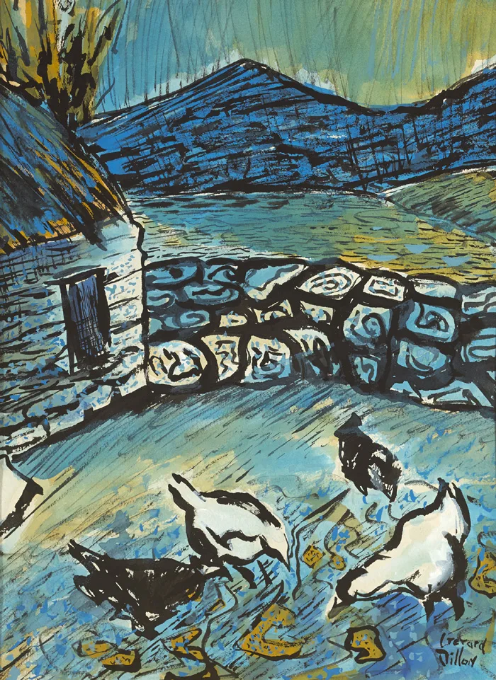 HENS AND THATCHED COTTAGE by Gerard Dillon, gouache, sold May 2015