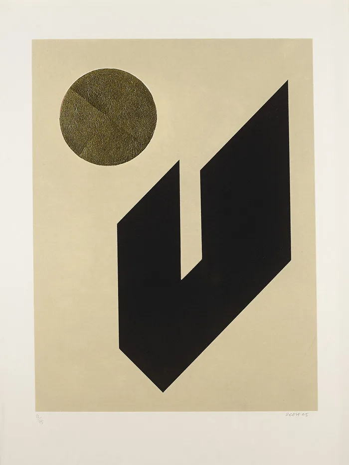 TANGRAM III by Patrick Scott, 2005, carborundum and gold leaf; (no. 52 from edition of 75), sold May 2015