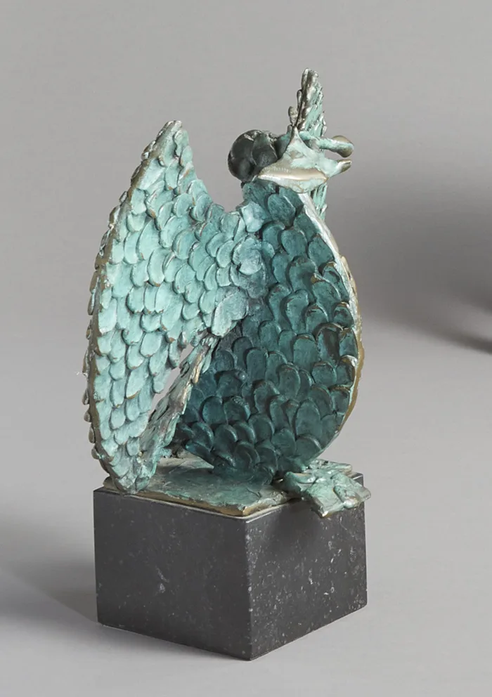 BIRD OF PEACE by Patrick McElroy, 1996, bronze with green patina on black marble base, sold May 2015