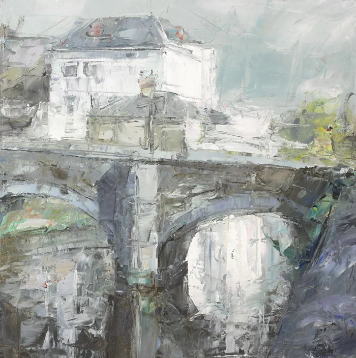 BRIDGE ON RIVER LEE, CORK by Aidan Bradley, oil on board, sold May 2015