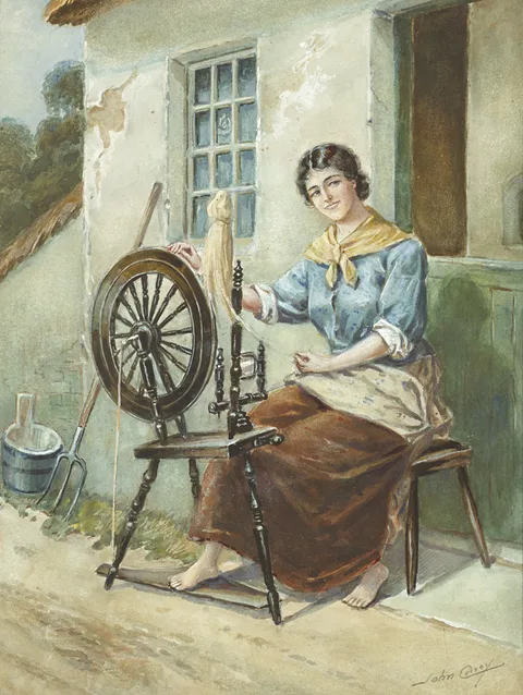 John Carey, AT THE SPINNING WHEEL and BRINGING HOME THE TURF (A PAIR), watercolour; (2)