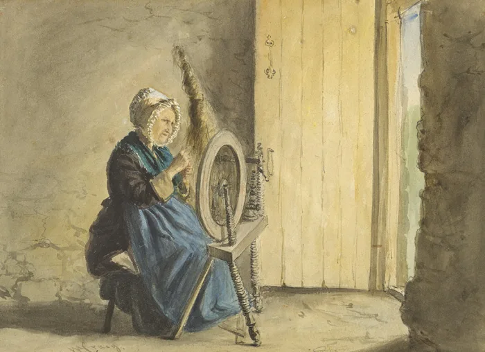 William Craig, WOMAN SPINNING IN A DOORWAY, watercolour and pencil