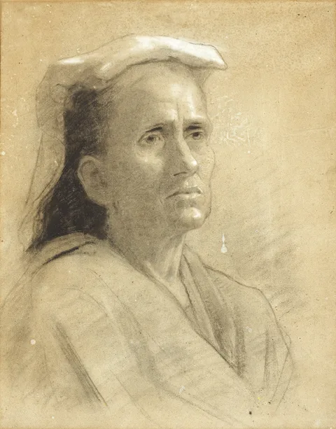 AGED ITALIAN PEASANT WOMAN and BEARDED ITALIAN PEASANT MAN (A PAIR) by Sarah Purser, black and white chalk on paper, offered May 2015