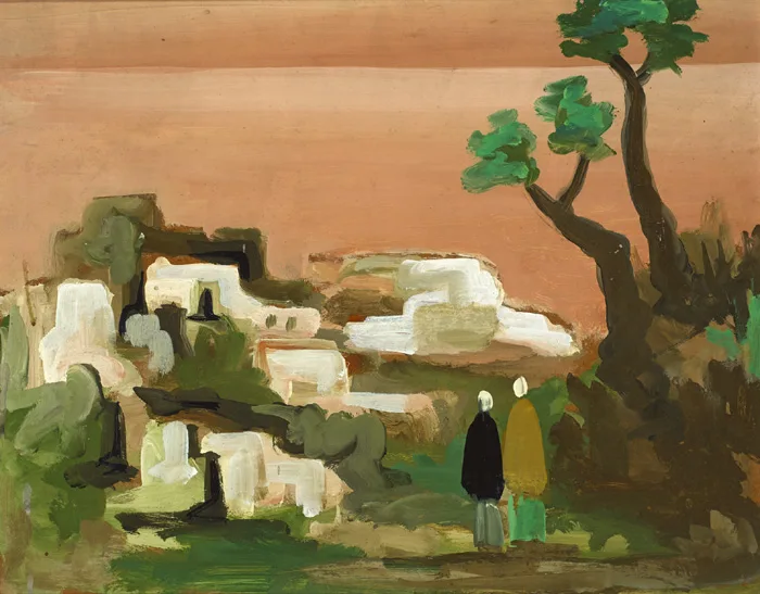 TWO FIGURES IN A MOROCCAN LANDSCAPE by Markey Robinson, oil on board, sold May 2015