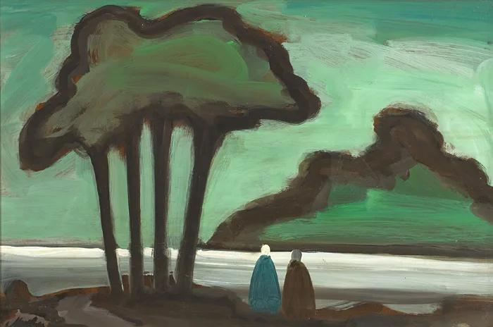 TWO SHAWLIES UNDER A TREE by Markey Robinson, oil on board, sold May 2015