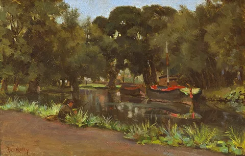 FIGURE FISHING FROM A RIVERBANK by Aloysius C. OKelly, oil on board, sold Feb 2015