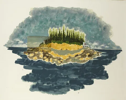Blaise Drummond, MT. DESERT ISLAND AND AFTER, 2002, oil and collage on canvas