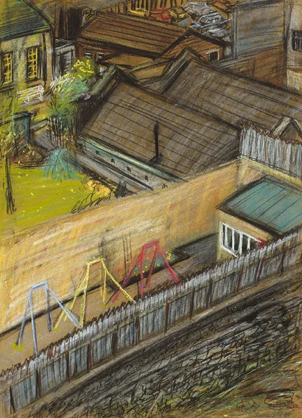 Michael O'Dea, VIEW FROM ARTIST'S STUDIO, chalk pastel on buff-coloured paper