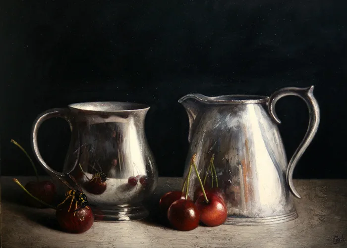 STILL LIFE WITH SILVERWARE AND CHERRIES by Stuart Morle, 2014, oil on copper, sold Feb 2015