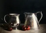 Stuart Morle, STILL LIFE WITH SILVERWARE AND CHERRIES
