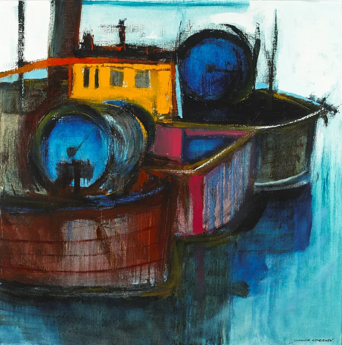 MOORED BOATS, ARDGLASS by Dennis Orme Shaw, 2001, oil on canvas, sold Feb 2015