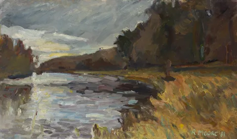Richard Moore, BOYNE AT OLDBRIDGE, 1981 and BURIAL SLAB, 1994 (A PAIR), oil on canvas; (1); oil on board; (1)