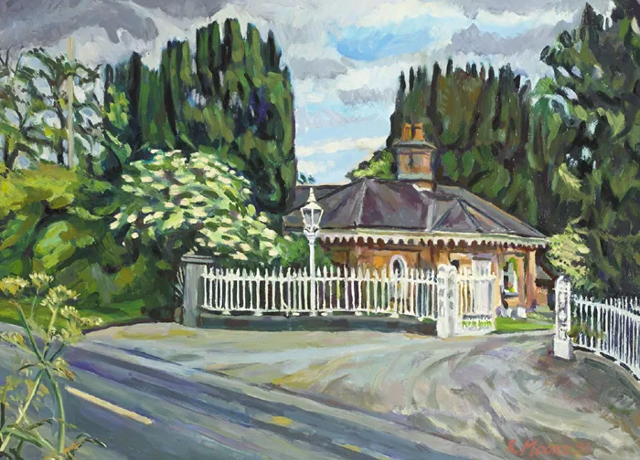 Richard Moore, GATE LODGE, BELTICHBURNE HOUSE, BALTRAY, COUNTY LOUTH1995 and ELDER TREE, BELTICHBURNE HOUSE, 1994 (A PAIR), oil on board; (2)