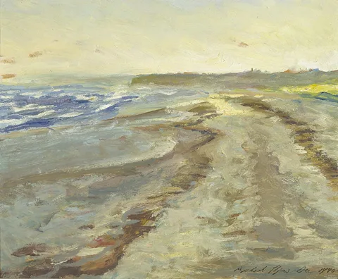 Raphael Hynes, BEACH SCENE, DECEMBER, 1980 and COSTAL SCENE, 1981 (A PAIR), oil on board; (2)