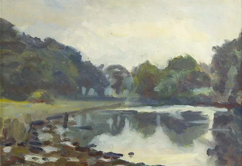 Raphael Hynes, BOYNE AT OLD BRIDGE, 1981; HOOKED SALMON, 1990 and BEACH SCENE, 1981 (SET OF 3), oil on board; (1); pencil; (1); oil on paper laid on board; (1)