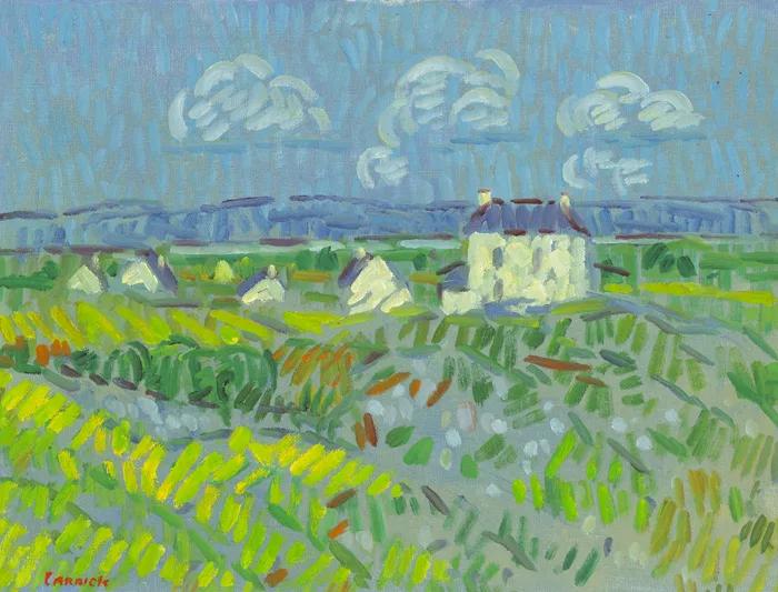 DWELLINGS AT ROUNDSTONE by Desmond Carrick, oil on canvas board, offered Dec 2014