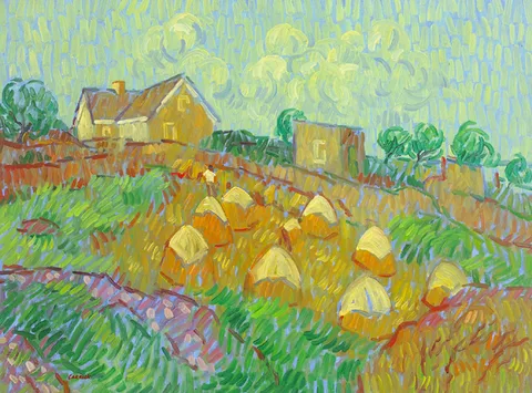 Desmond Carrick, SAVING HAY AT CARRAROE, 1996, oil on board