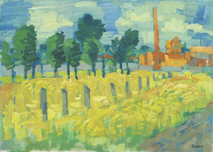 LANDSCAPE WITH A FACTORY BEYOND by Desmond Carrick, oil on canvas, sold Dec 2014