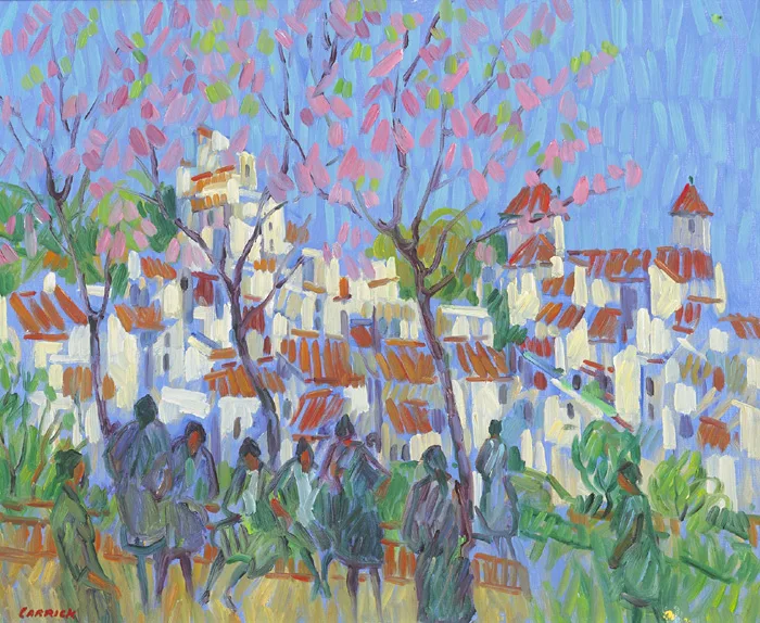 TOWN SQUARE by Desmond Carrick, oil on canvas board, sold Dec 2014