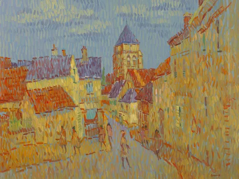 Desmond Carrick, OLD BUILDINGS ON RUE DE CRÉPY, FREIGNEUX, OISE, FRANCE, c.1994, oil on board