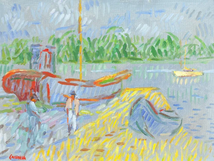 RIVER SCENE by Desmond Carrick, oil on board, sold Dec 2014