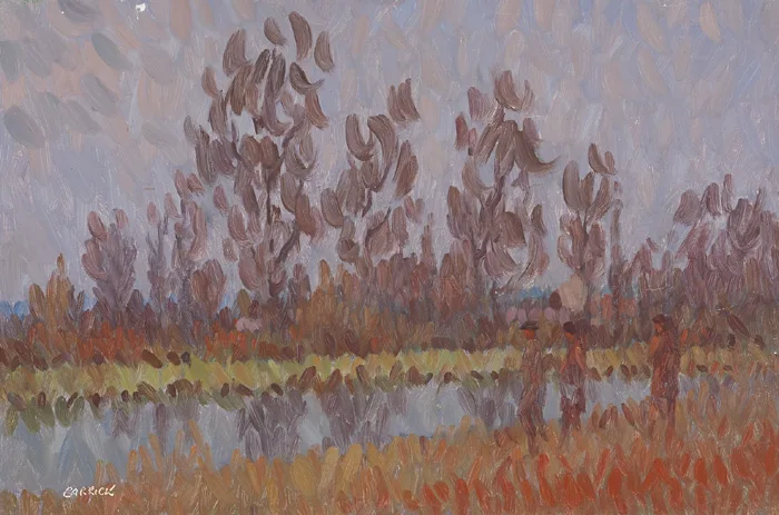 THREE FIGURES BY THE RIVER by Desmond Carrick, oil on canvas, sold Dec 2014