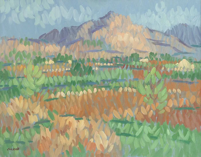 MOUNTAIN VIEW by Desmond Carrick, oil on board, sold Dec 2014