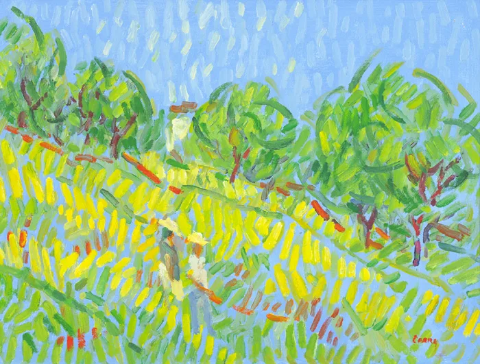 CROSSING A MEADOW by Desmond Carrick, 2003, oil on canvas board, sold Dec 2014