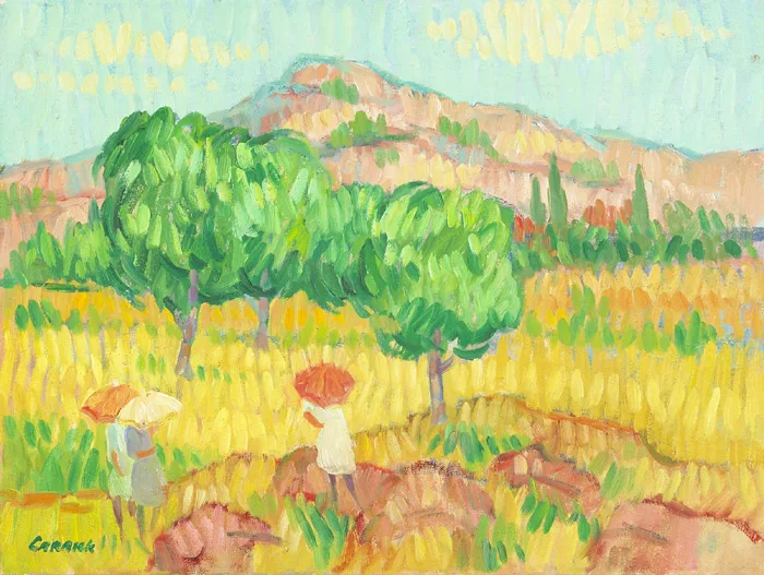 FIGURES WITH UMBRELLAS by Desmond Carrick, oil on canvas, sold Dec 2014