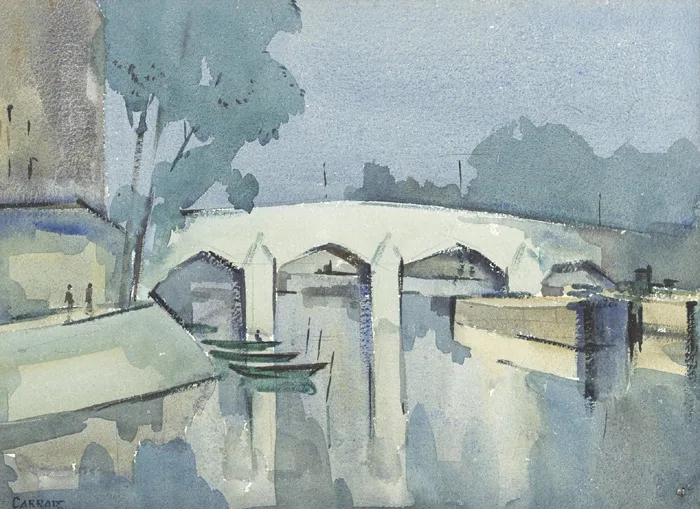 BRIDGE AT TWILIGHT by Desmond Carrick, watercolour, sold Dec 2014
