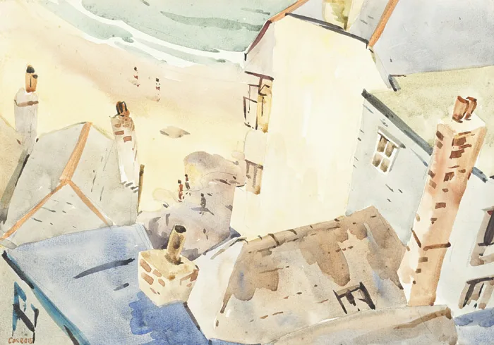 ROOFTOPS AND BEACH by Desmond Carrick, watercolour, sold Dec 2014