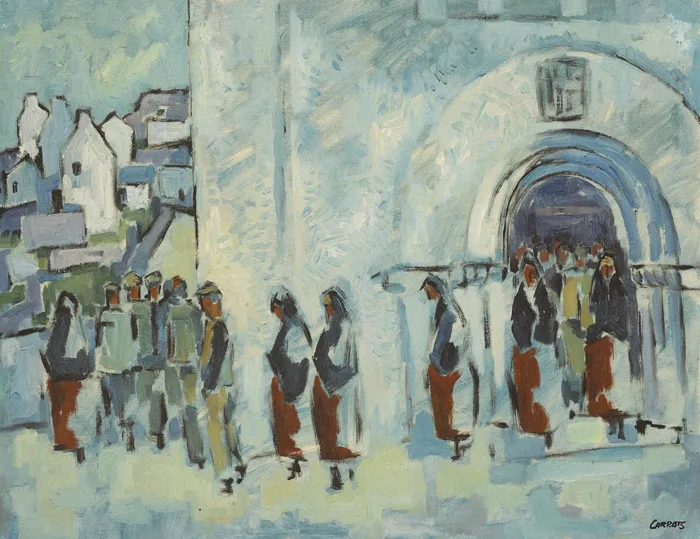 CONGREGATION LEAVING MASS by Desmond Carrick, oil on canvas, sold Dec 2014