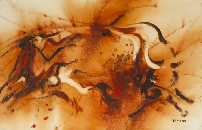 CHARGING BULL by Desmond Carrick, oil on canvas, offered Dec 2014