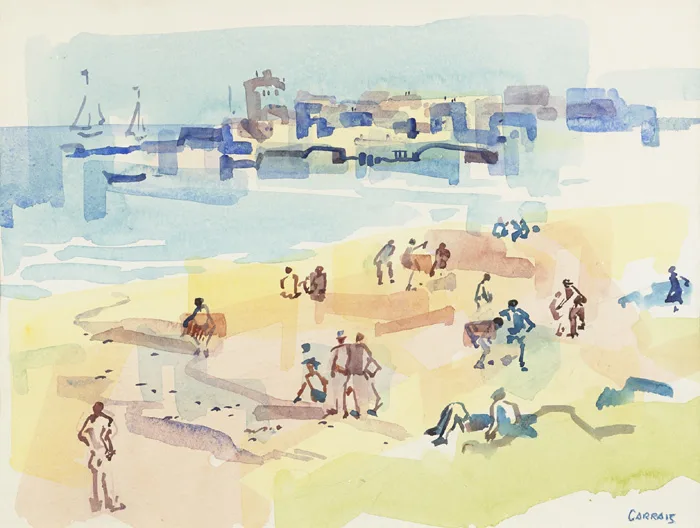 BEACH SCENE, SPAIN by Desmond Carrick, watercolour over pencil, sold Dec 2014