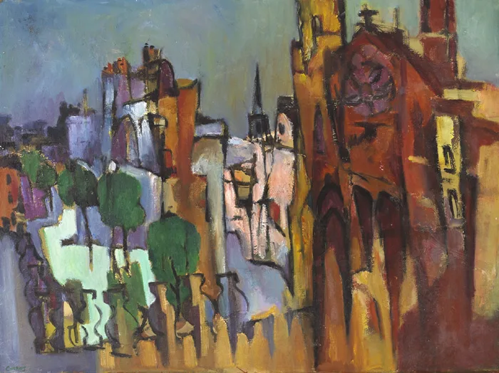 CITYSCAPE WITH A CATHEDRAL by Desmond Carrick, oil on canvas, offered Dec 2014