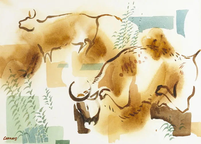 CHARGING BULLS by Desmond Carrick, 1976, watercolour, offered Dec 2014