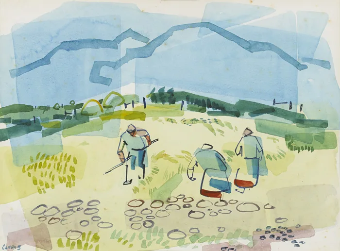 WORKERS IN A FIELD by Desmond Carrick, watercolour, sold Dec 2014